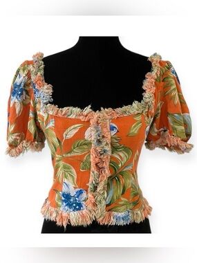 Skylar + Madison Orange Floral Puff-Sleeve Crop Top